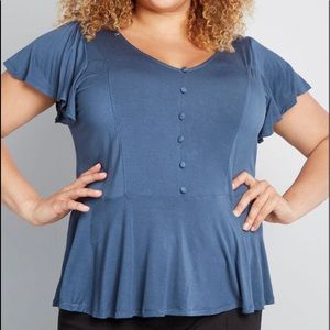 Muted blue flutter sleeve top